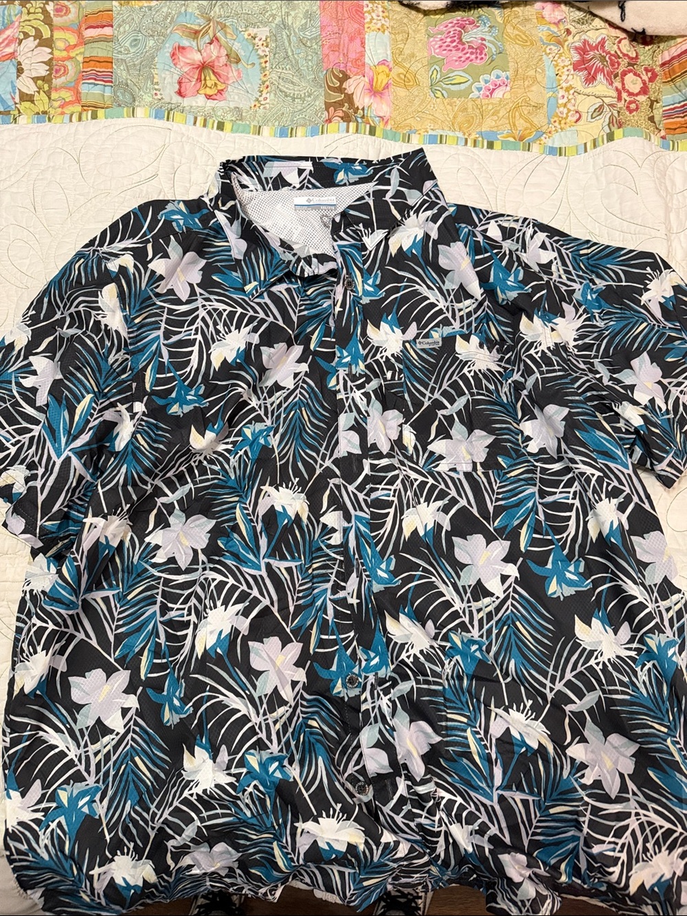 Men's Black Tropical Floral Button-Down Shirt with Teal Accents